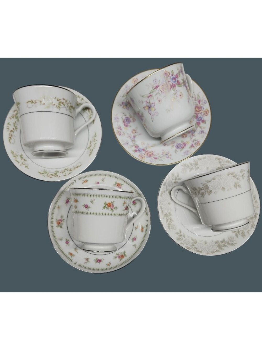 Soft Small Florals Mismatched China Tea Cups & Saucers Tea Party 4 Sets